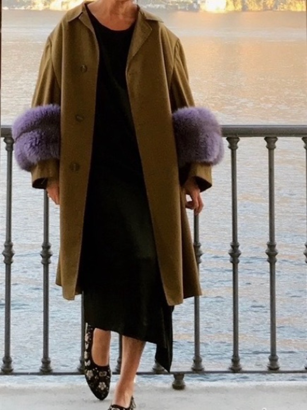 Long Coat Vintage Customized With Real Fox Fur Incorporated Onto Sleeves